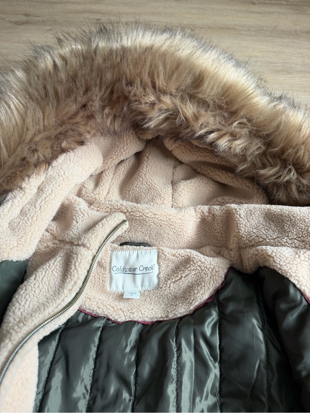 Coldwater creek Olive Green Coat Size L Parka Fur Trim NWOT - Picture 6 of 11
